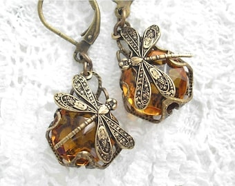 Amber Topaz Dragonfly Earrings Antiqued Brass and Glass Jewel Earrings