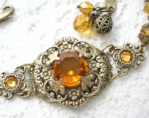 Royal Topaz Bracelet Victorian Style Glass Jewel and Brass