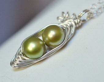 Two peas in a pod necklace - mothers necklace - peapod necklace - pea pod jewelry - green freshwater pearl - a Mu-Yin Jewelry original
