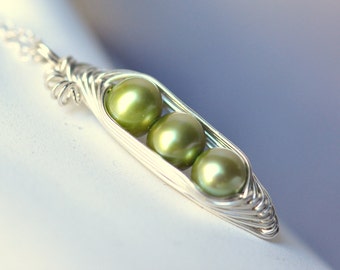 Pea Pod necklace - peapod necklace - Green freshwater pearl Pea Pod jewelry - Three peas in a pod - Jewelry for Mom - mothers necklace