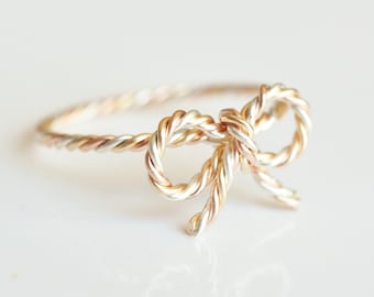 TINY BOW rope ring - mixed metal twisted wire wrap