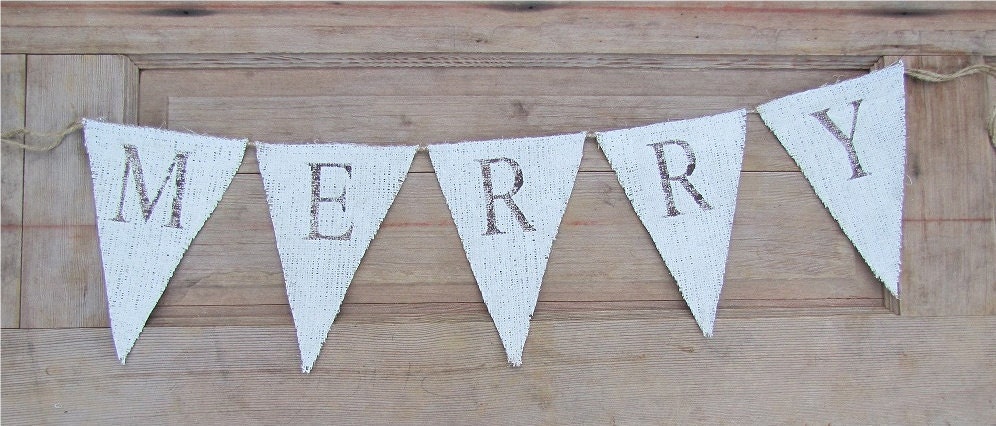MERRY....Rustic Style White Painted Burlap Banner