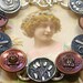 Antique BUTTON silver bracelet, Victorian flowers in black & burgundy.