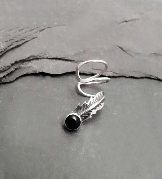 Sterling Black Onyx Feather Ear Cuff RAVEN Silver Ear Wrap