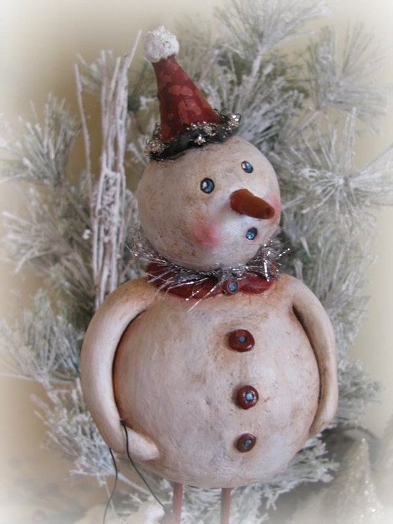 Folk Art Paper Clay Snowman Sculpture
