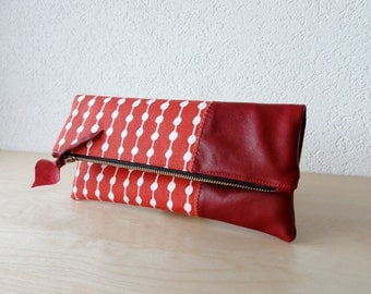 Leather Clutch in Red Italian Leather and European Canvas - Indie Patchwork Series