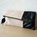 Leather Clutch in Black Italian Leather and Beige Linen - Indie Patchwork Series