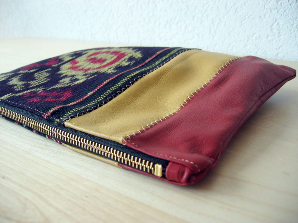 Leather Clutch in Italian Leather and Handwoven Ikat Fabric
