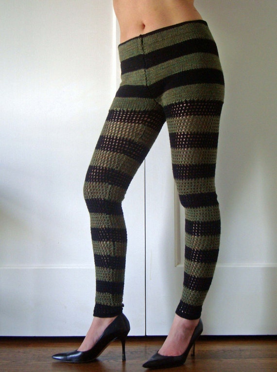 Mad Hatter Wool Crochet Leggings Size Large Olive And Black