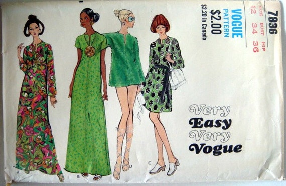 Vintage 70s Vogue Cover Up Caftan Dress Pattern Long Tunic