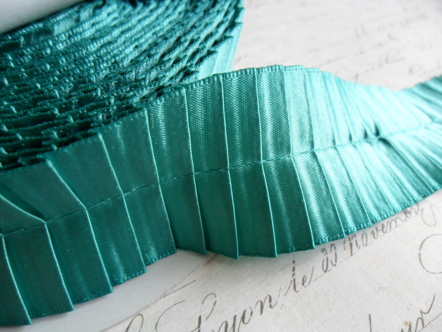 1.5 inch Teal Pleated Satin Ribbon Trim