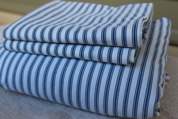 Vintage Blue Stripe Sheet Set Ticking Blue by catnapcottage