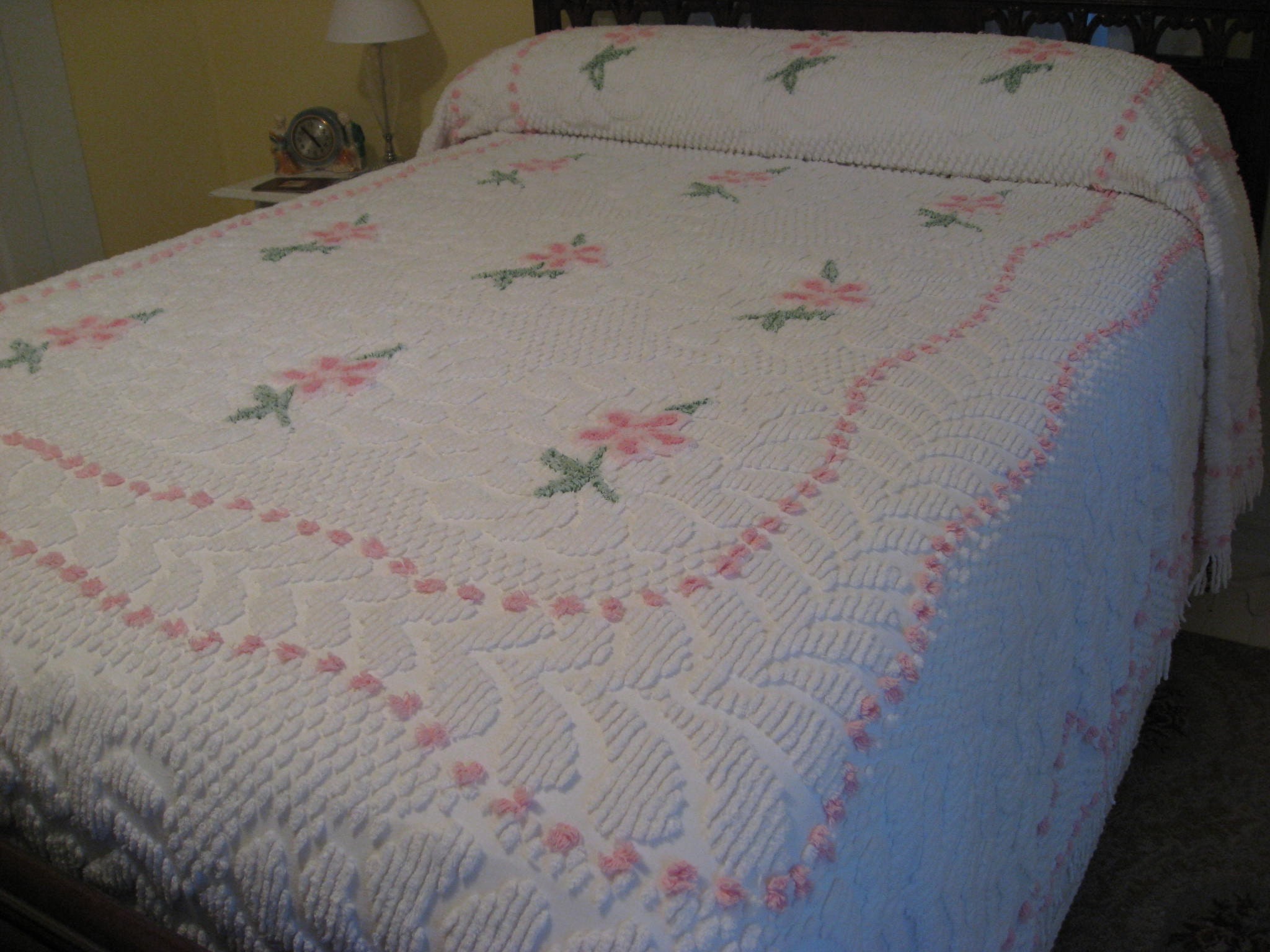 Vintage Chenille Bedspread with Pink Flowers Shabby Chic