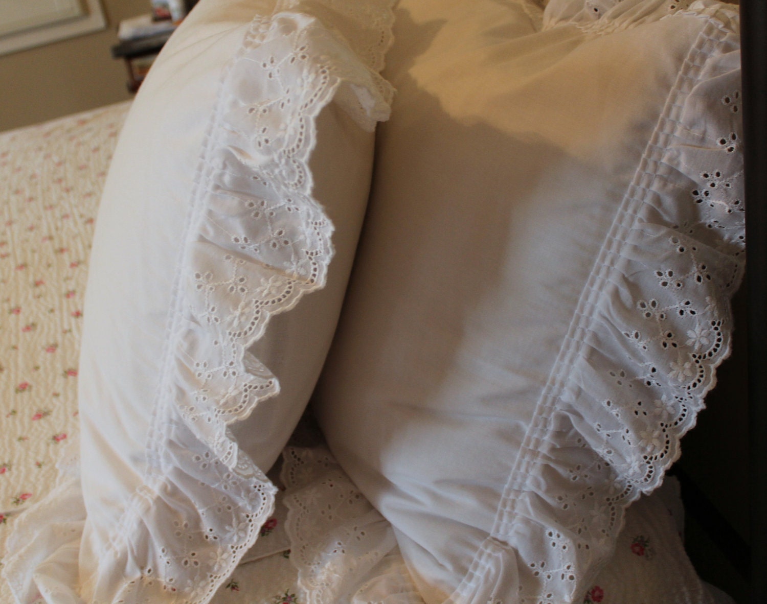 Vintage Eyelet Pillow Shams White Cottage Chic Eyelet