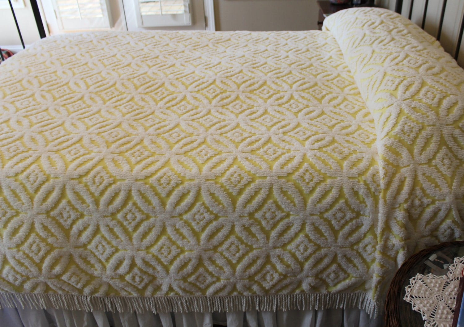 Vintage Chenille Bedspread Yellow Wedding Ring Fluffy and