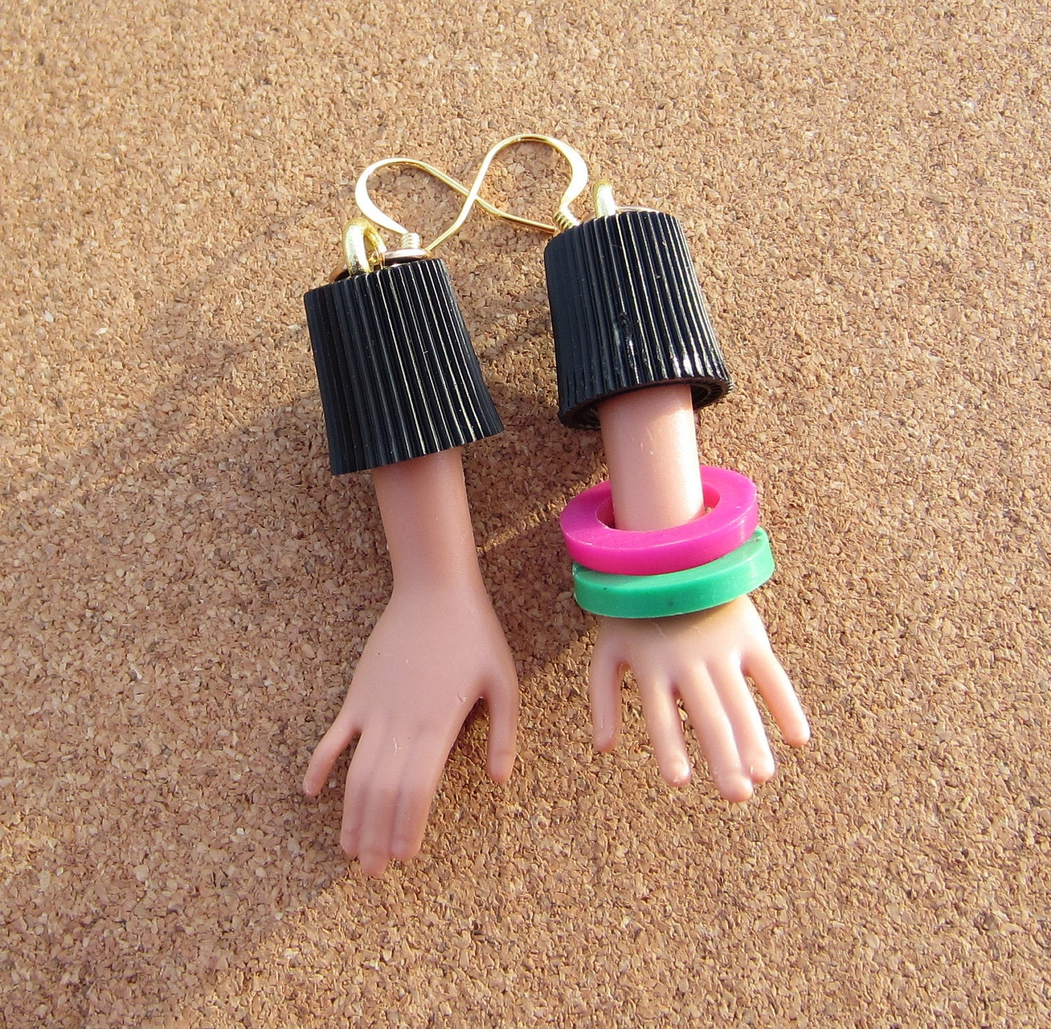 Upcycled bottle cap Barbie Doll hand earrings by gjarvisjewelryetc