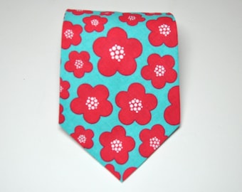 Men's Necktie Aqua Blue and Red Blossoms Tie