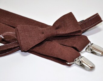 Men's Bow Tie and Suspenders, Men's Ties, Linen Bow Tie, Chocolate Brown, Self Tie Bow Tie, Men's Bowtie, Men's Suspenders, Wedding Ties