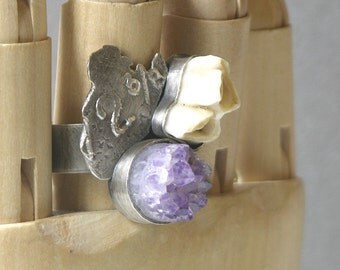 Two And Three Eights Mountain Range Ring Made With Amethyst And Deer Tooth