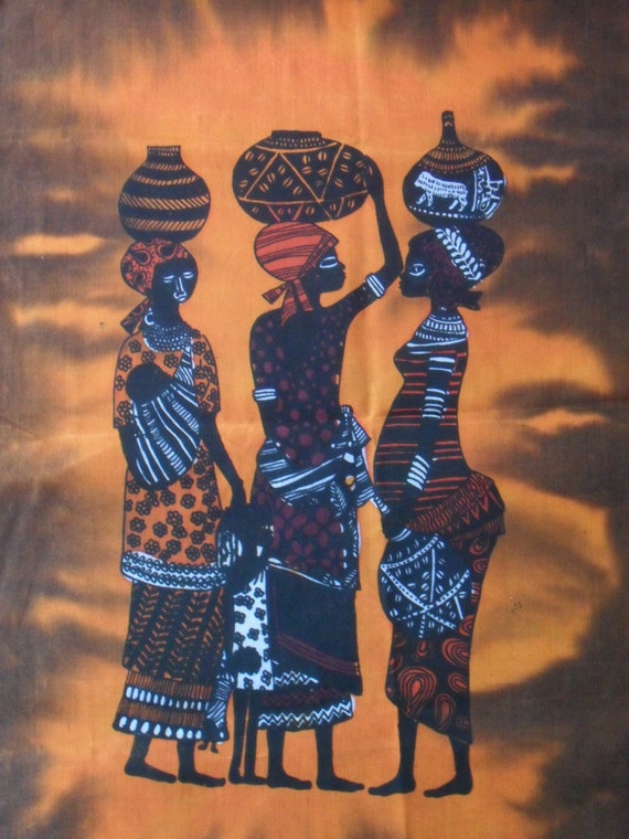 Batik Fabric art panel African Women Gathering