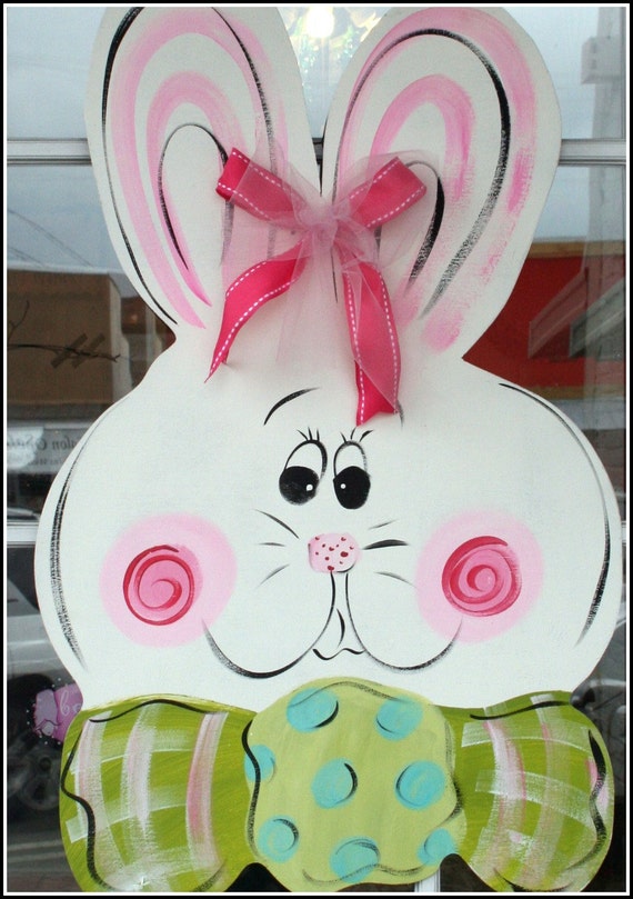 Large Wooden Easter Bunny Door Hanger Decor Art Hand Painted