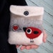Pretty striped white gray knit felted pouch purse with needle felted bird in love