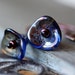 Golden blue flower and pearl earrings, made with shimmering mysterious, fire polished glass beads