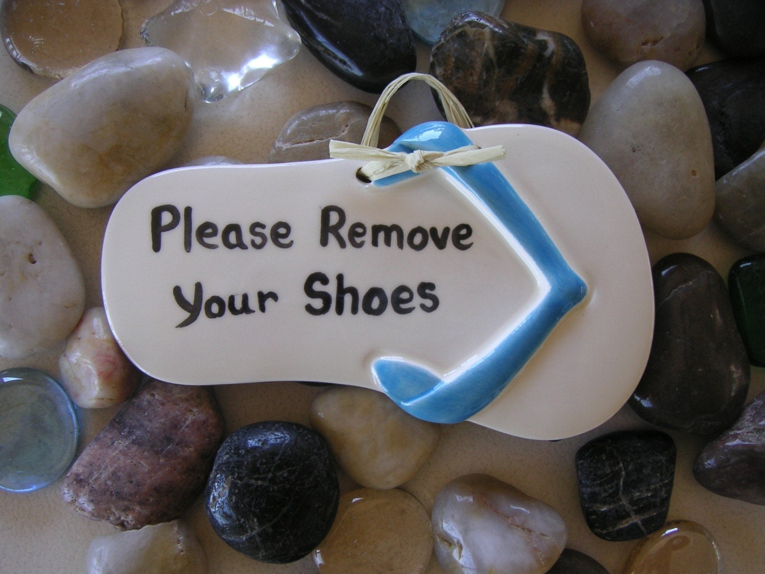 Please remove your shoes ceramic flip flop sign in turquoise