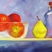 Still Life Oil Painting, Original Fruit Painting, Pear, Bowl, Bottle, 9x12 on Canvas, Kitchen Art, Kitchen Decor, Wall Decor
