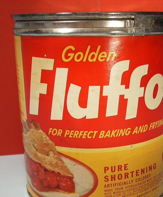 Large Vintage FLUFFO Shortening Tin Bright Red and Yellow