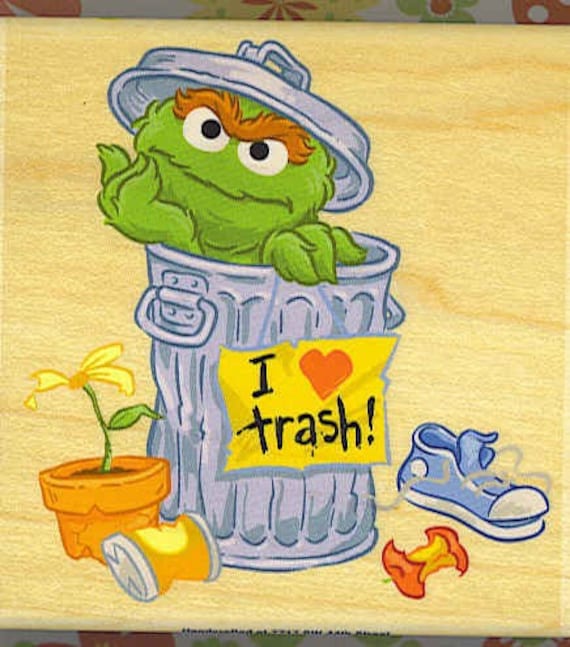 OSCAR THE GROUCH Rubber Stamp SESAME STREET I love trash Fun