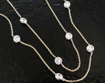 Cubic Zirconia Station Necklace, 14K Gold, Diamonds By The Yard, 18 Inch Length, Also Available in White Gold