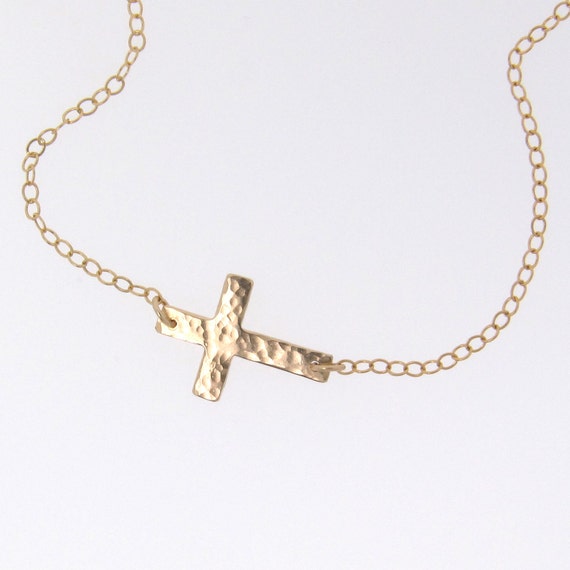 Items Similar To Sideways Cross Necklace Small Hammered 14k Gold