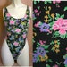 Vintage GRUNGE 90's Floral Print Workout Leotard Bodysuit with black background & colorful flowers