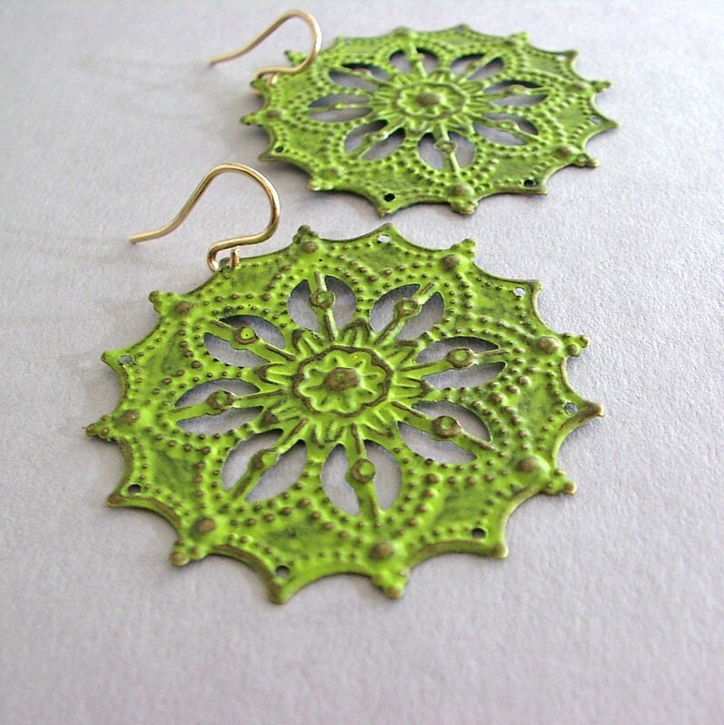 Lime Green Metal Filigree Earrings Lime Green Earrings 14K