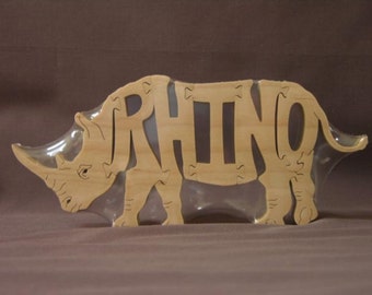 Rhino Rhinoceros Animal Puzzle Wooden Toy Hand Cut with Scroll Saw