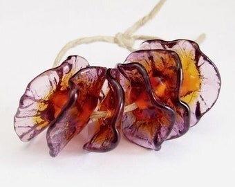 Handmade Glass Lampwork Beads - Fairy Flower disks - Amber Rose
