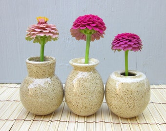 3 tiny vases with rustic glaze