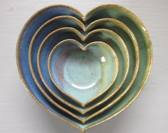 4 nesting ceramic heart bowls 4 1/2 inches blue and green