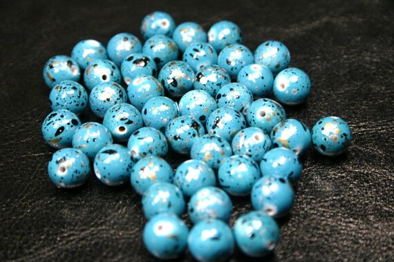 100 Turquoise Speckled Acrylic Splatter Beads - 6mm Teal Sky Blue Retro Dots Metallic Splash 