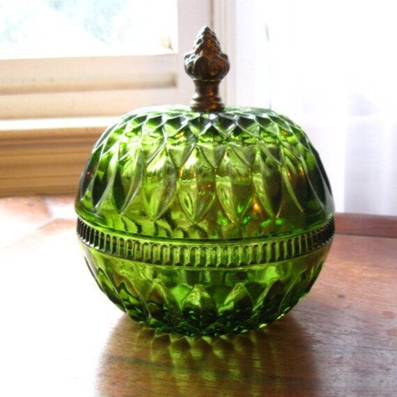 Vintage green elegant glass candy dish with lid
