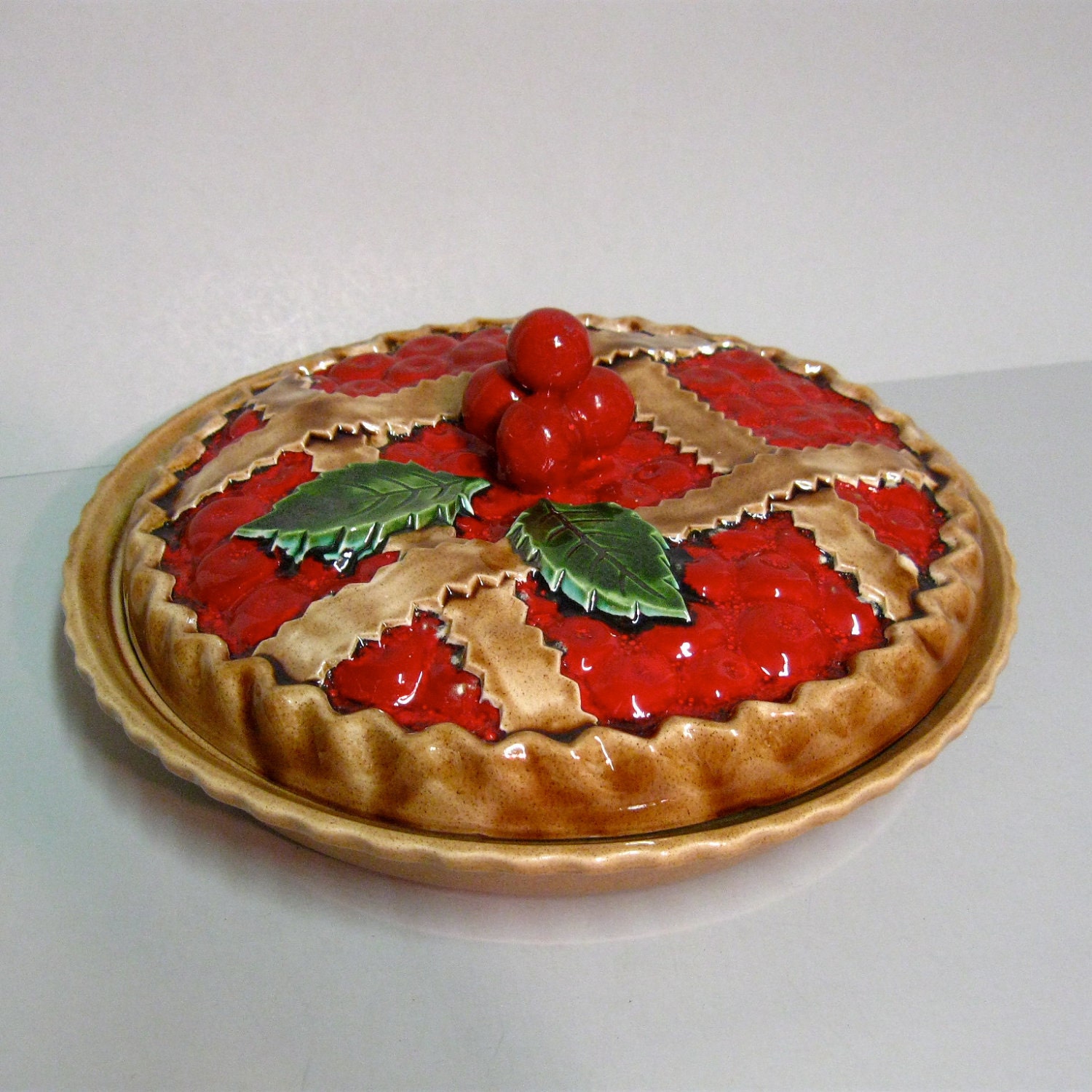 Ceramic cherry pie plate and cover hand painted