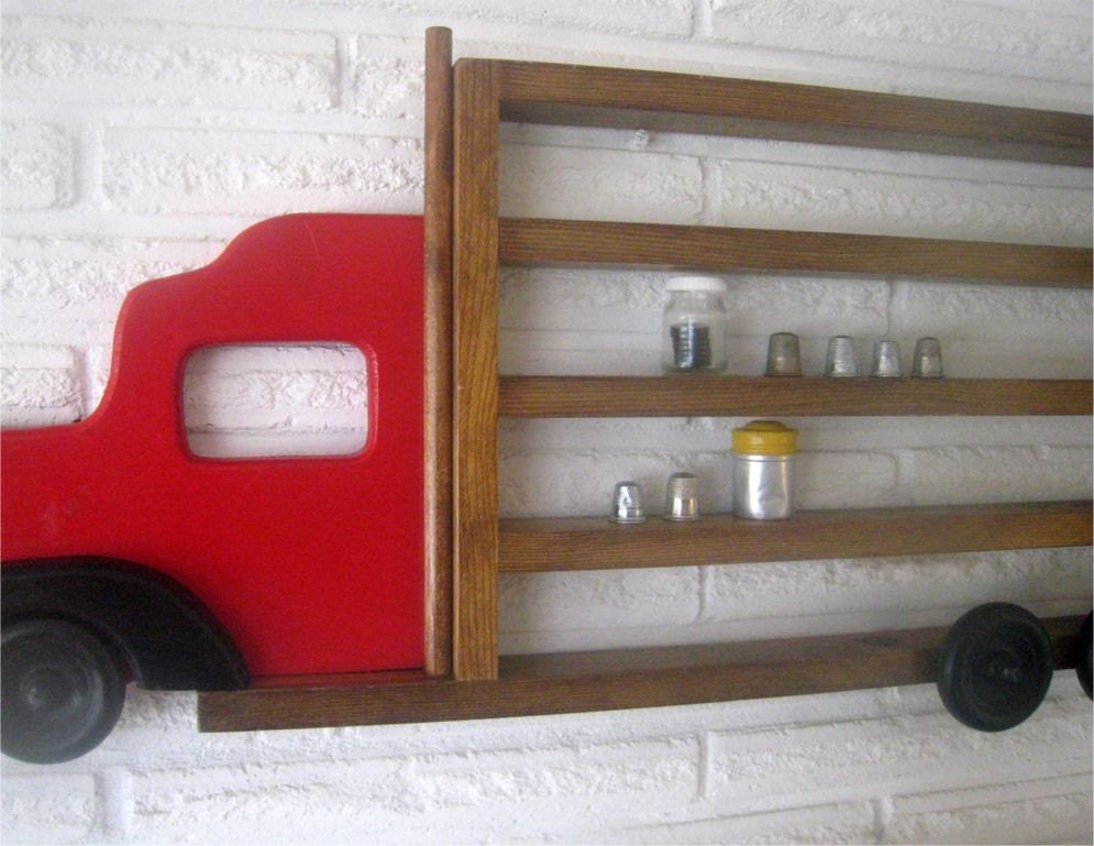 Vintage Red Truck Wall Hanging with Small Shelves