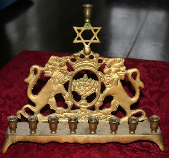 Antique Jewish Star Lion Brass Candelabra Menorah