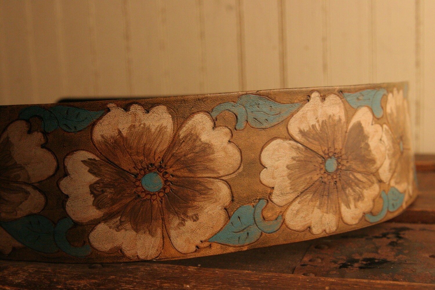 Leather Guitar Strap Turquoise White Gray and Antique Brown