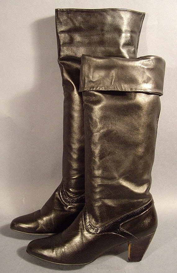 Vtg 80s Tall Leather Pirate Pixie Slouch Cuff Boot Sz 8