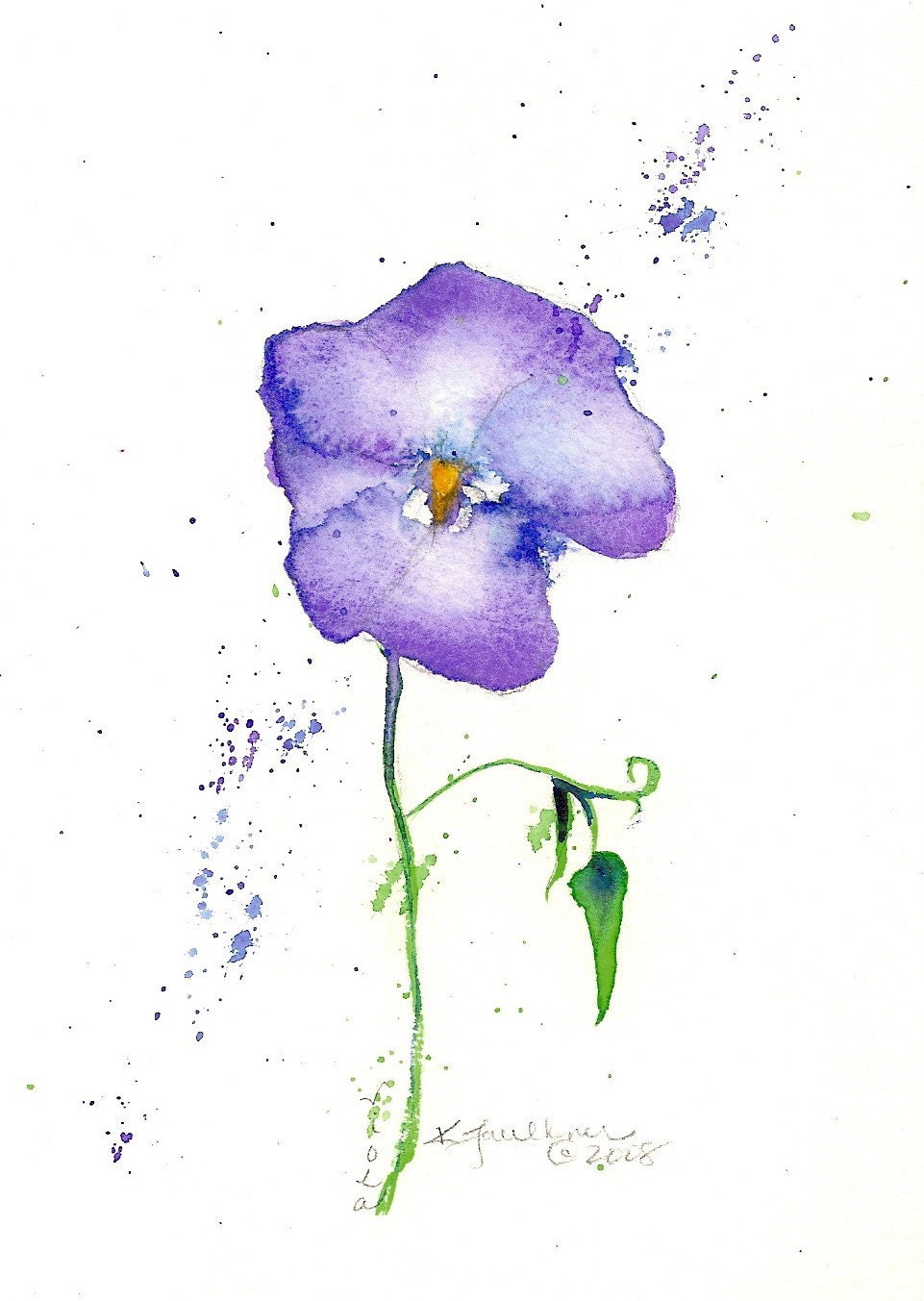 Violet original flower watercolor painting mat included