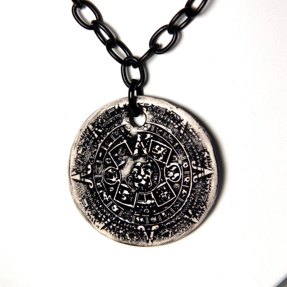 Mayan Calendar Ceramic Pendant Necklace with 20 inch black