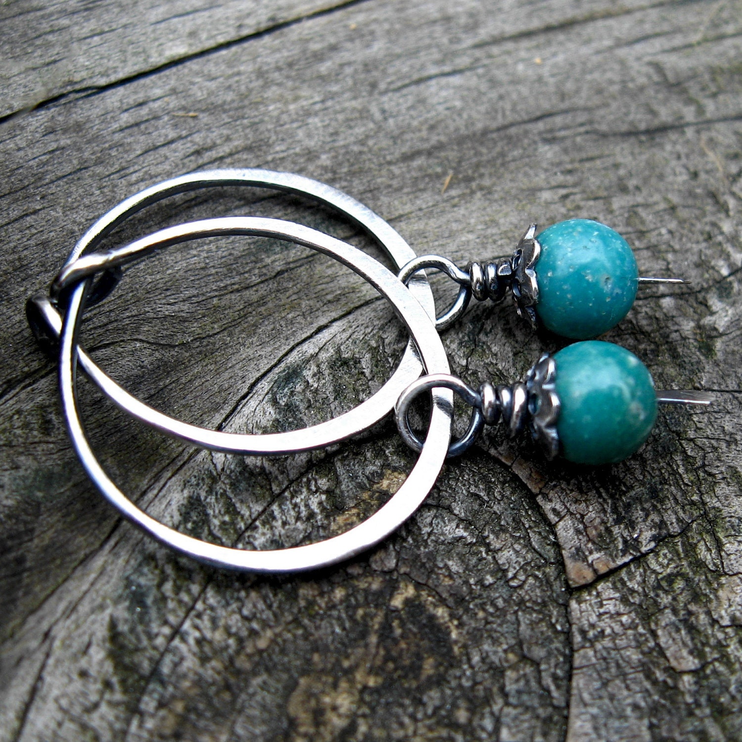Green Turquoise lil Hoops oxidized sterling silver by LisasLovlies