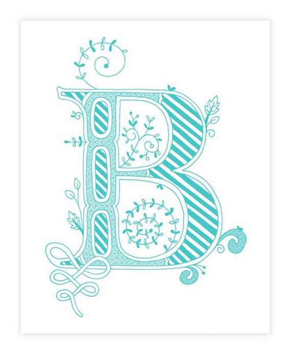 Items similar to Hand drawn monogrammed print, 8x10, the Letter B, in ...